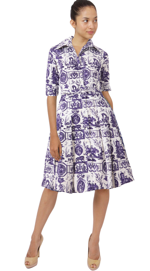 1/2 Sleeve | Toile du Jour | White Lilac | Front | Shirt Dress By Samantha Sung