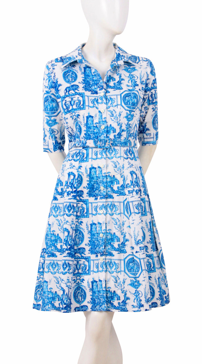 1/2 Sleeve | Toile du Jour | White Sea Blue | Front | Shirt Dress By Samantha Sung