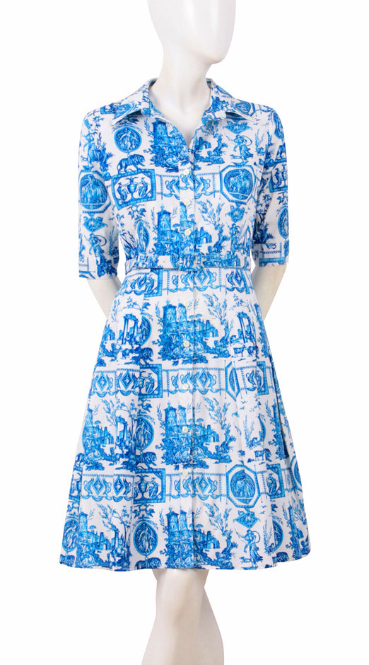 1/2 Sleeve | Toile du Jour | White Lilac | Front | Shirt Dress By Samantha Sung