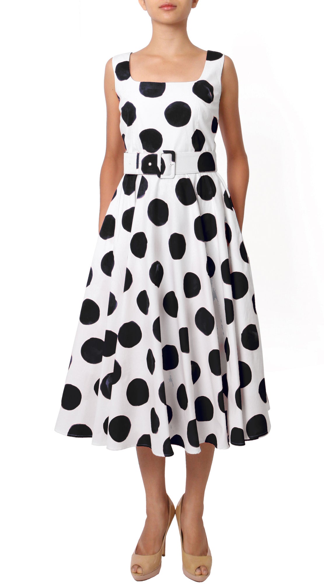 Sleeveless | Tuscani Dots | White Black | Front | Dress By Samantha Sung