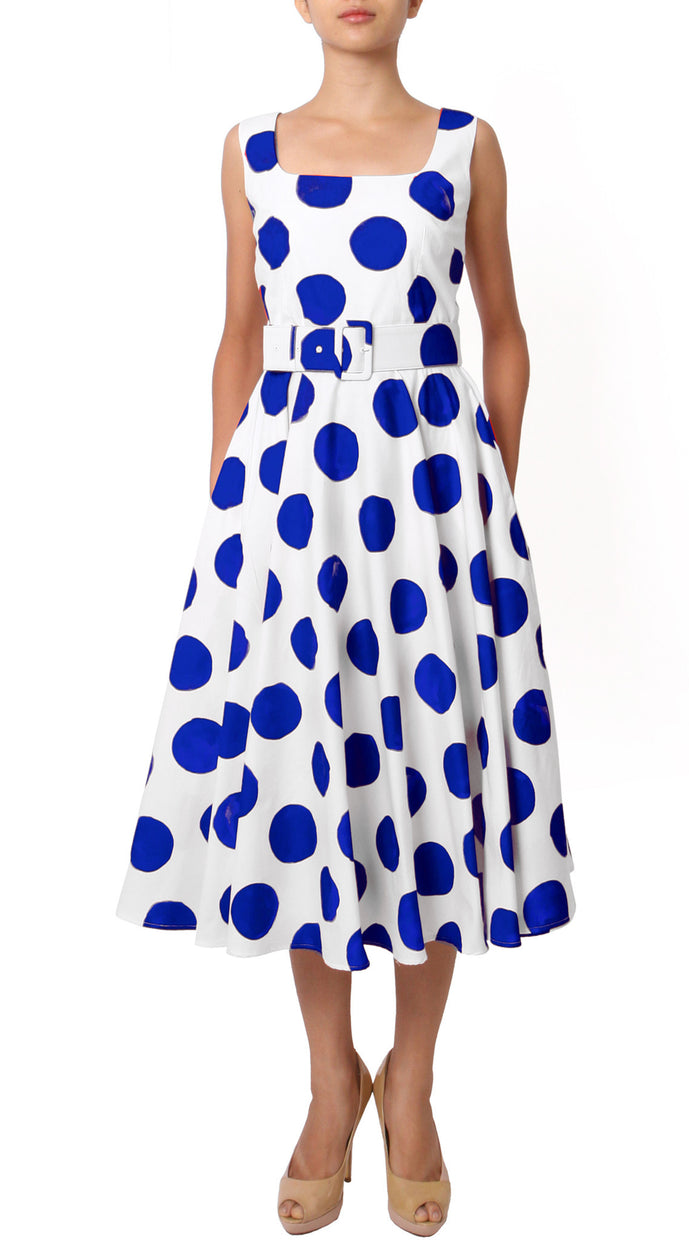 Sleeveless | Tuscani Dots | White Cobalt Blue | Front | Dress By Samantha Sung