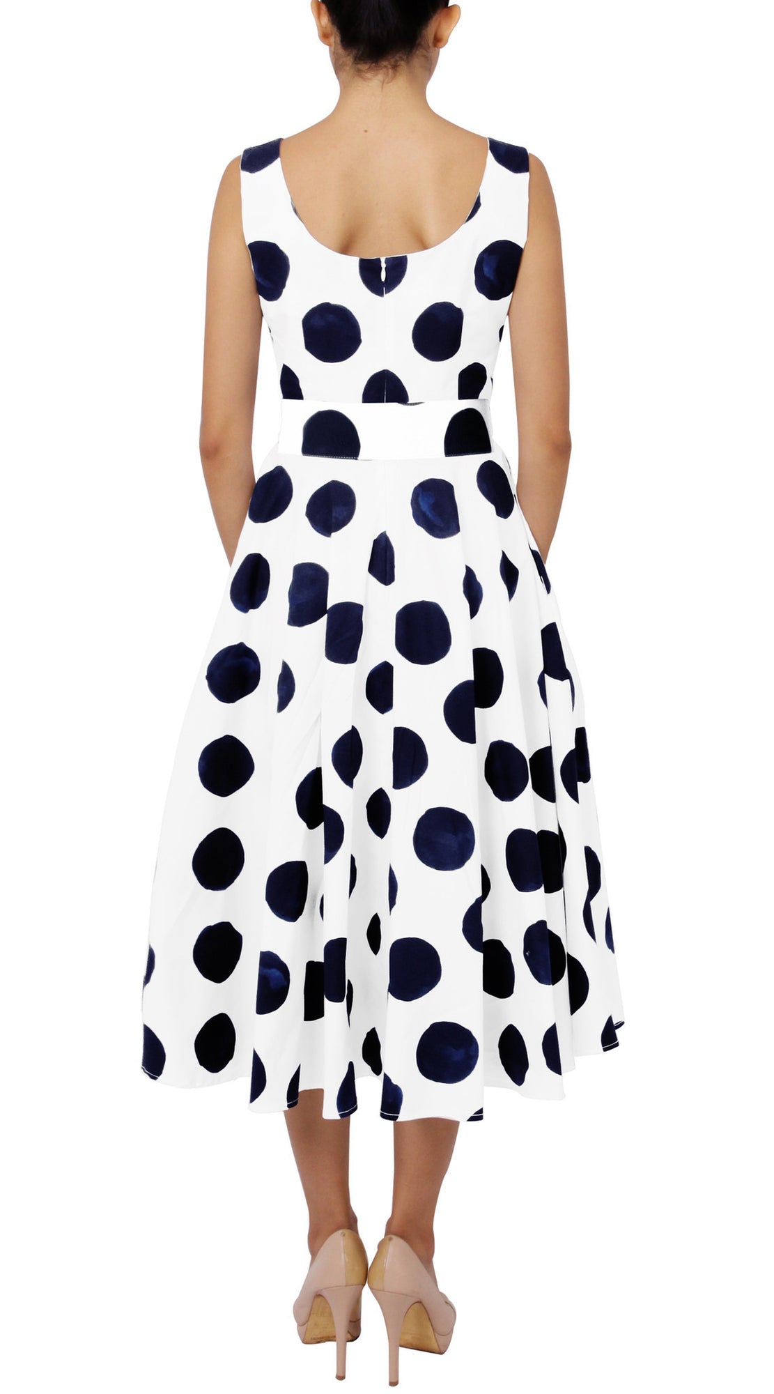 Sleeveless | Tuscani Dots | White Indigo | Back | Dress By Samantha Sung