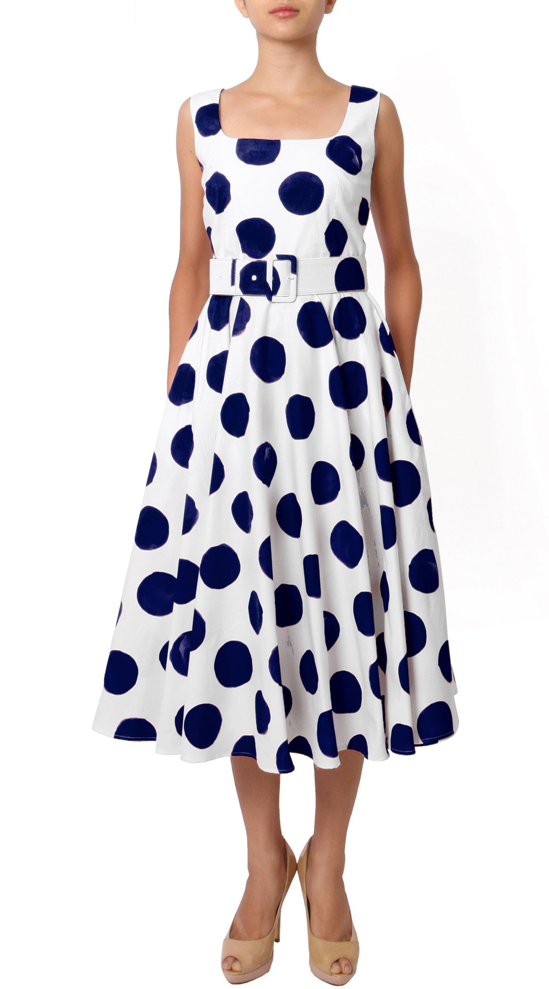 Sleeveless | Tuscani Dots | White Indigo | Front | Dress By Samantha Sung