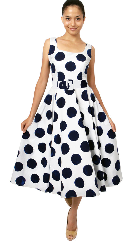 Sleeveless | Tuscani Dots | White Indigo | Front-1 | Dress By Samantha Sung