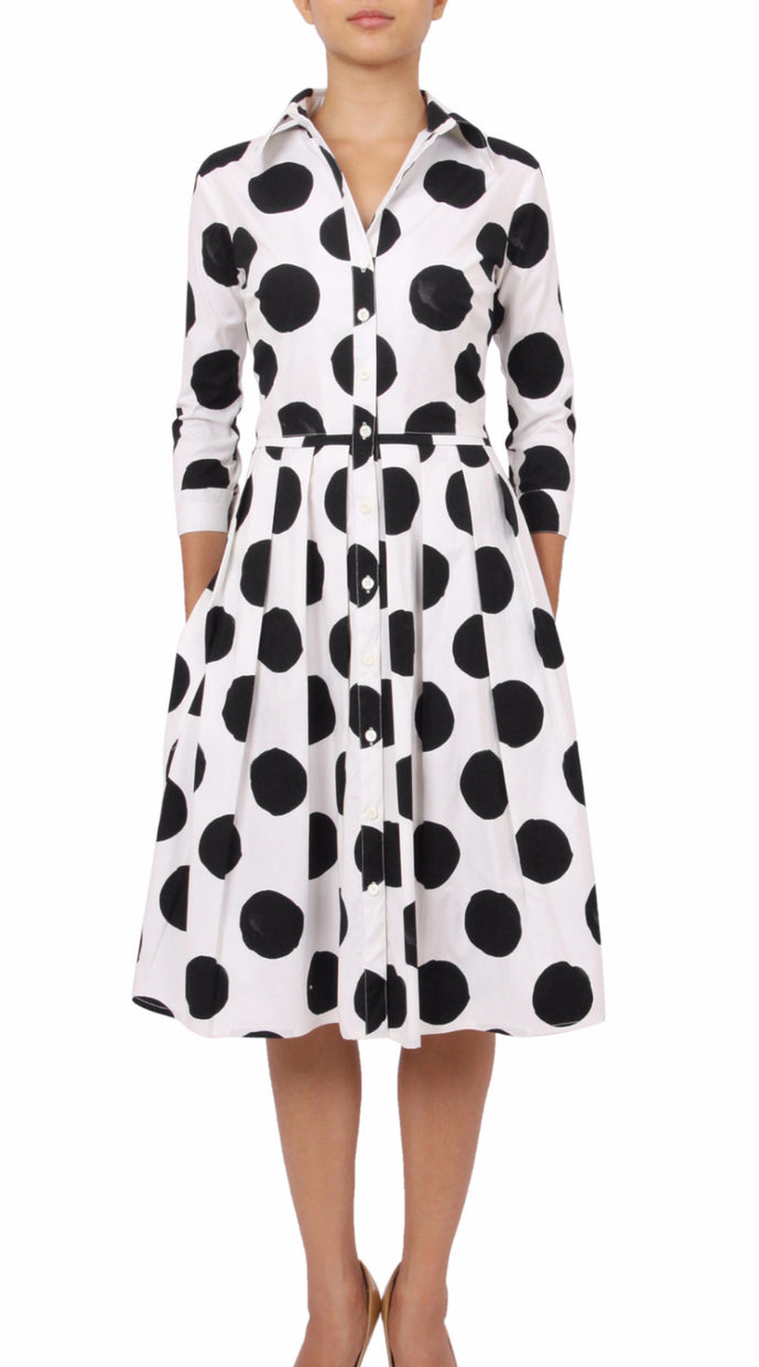 3/4 Sleeve | Tuscani Dots | White Black | Front | Shirt Dress By Samantha Sung