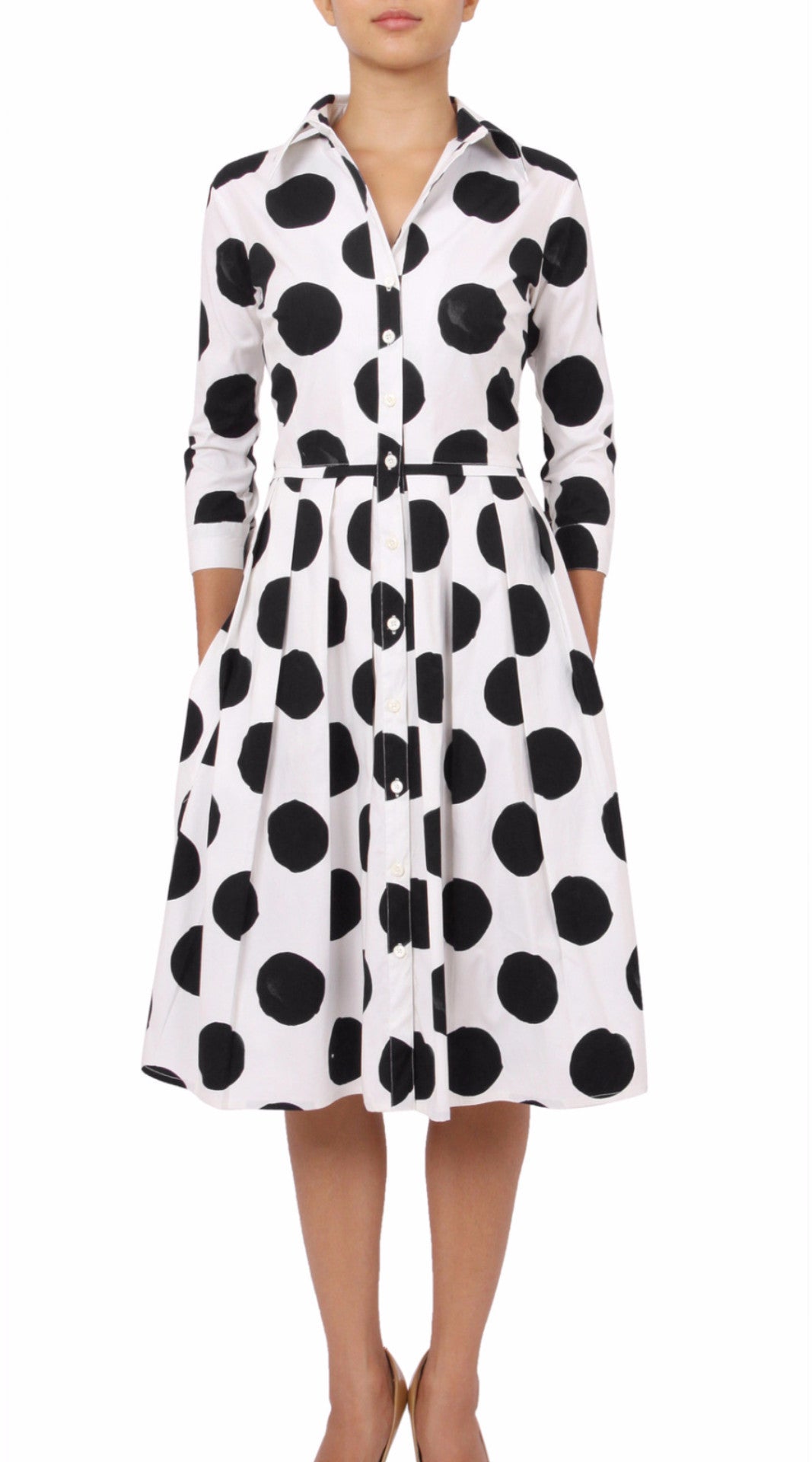 3/4 Sleeve | Tuscani Dots | White Black | Front | Shirt Dress By Samantha Sung