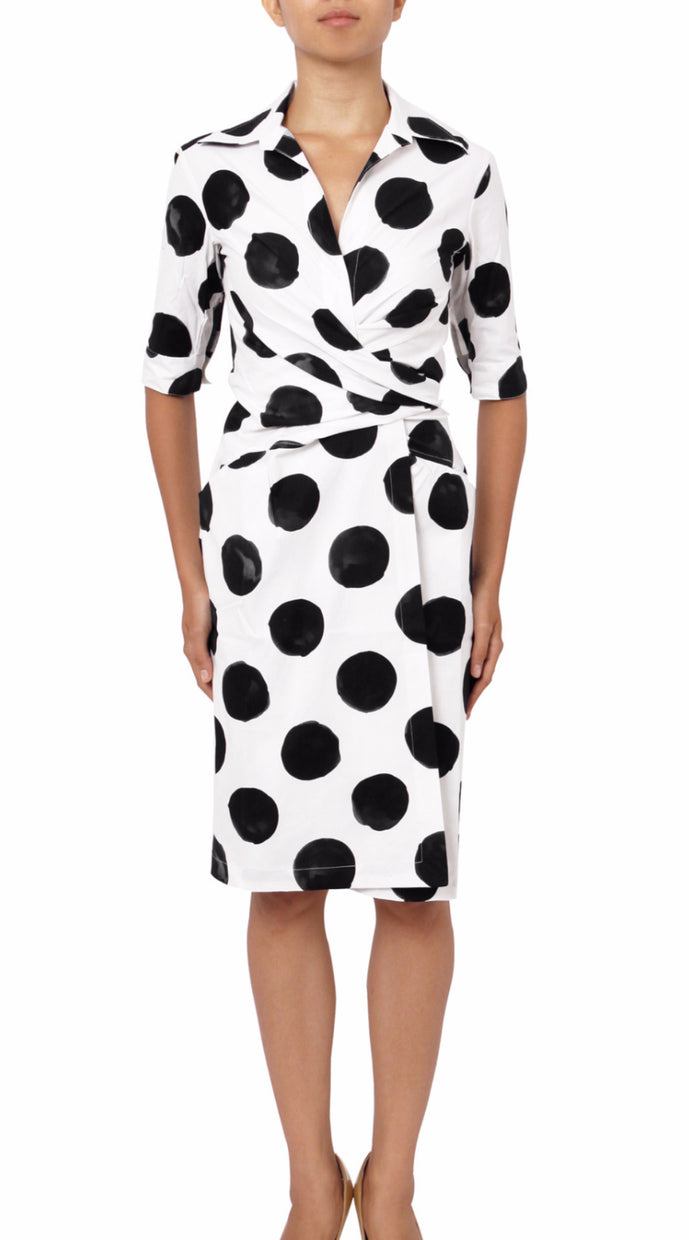 3/4 Sleeve | Tuscani Dots | White Black | Front | Dress By Samantha Sung