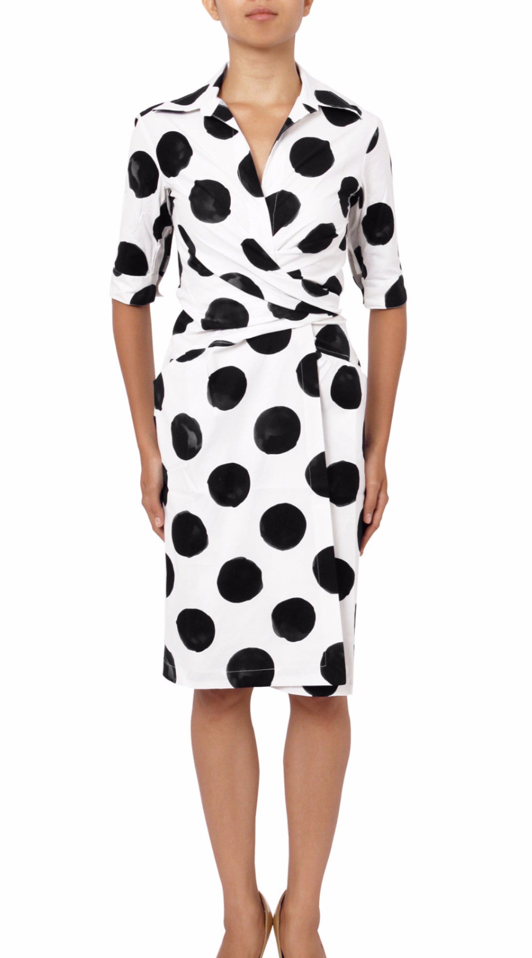 3/4 Sleeve | Tuscani Dots | White Black | Front | Dress By Samantha Sung