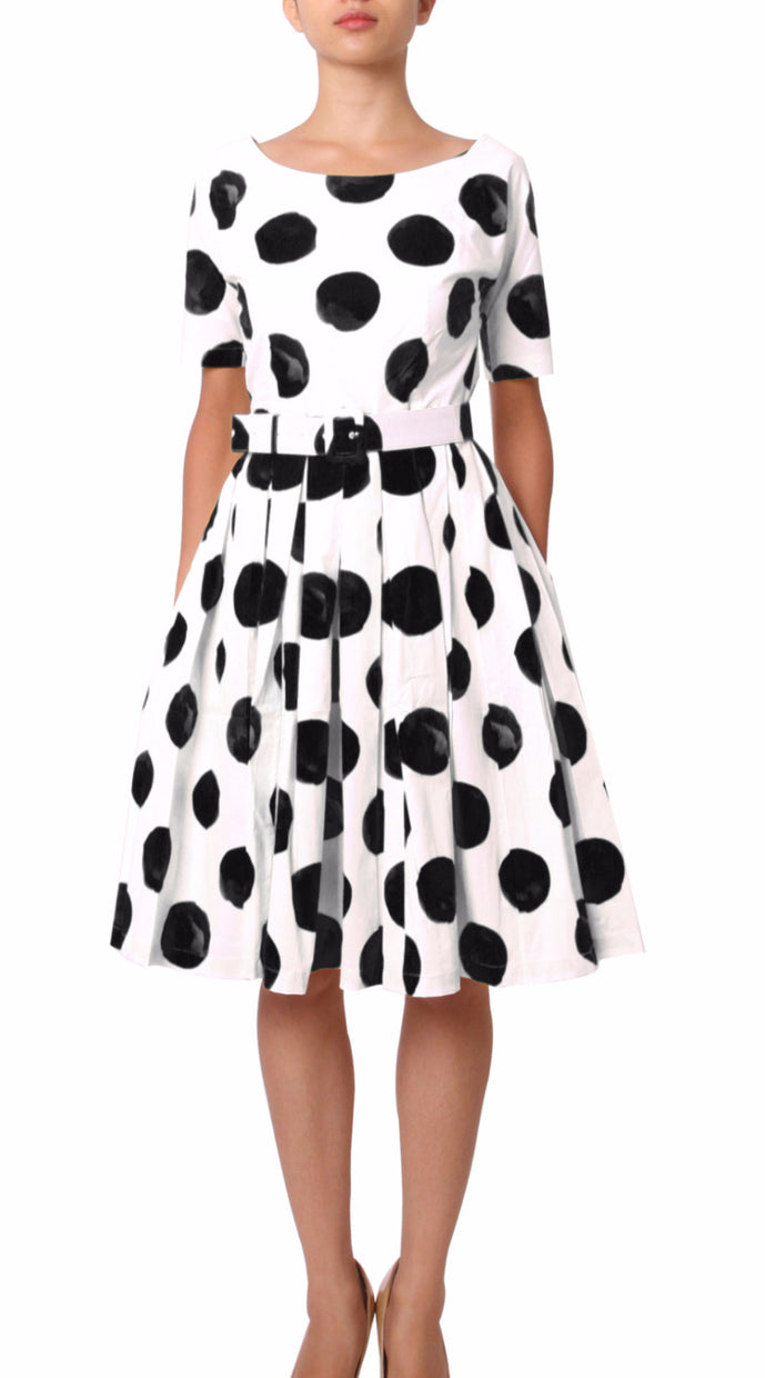 1/2 Sleeve  | Tuscani Dots | White Black | Front | Dress By Samantha Sung