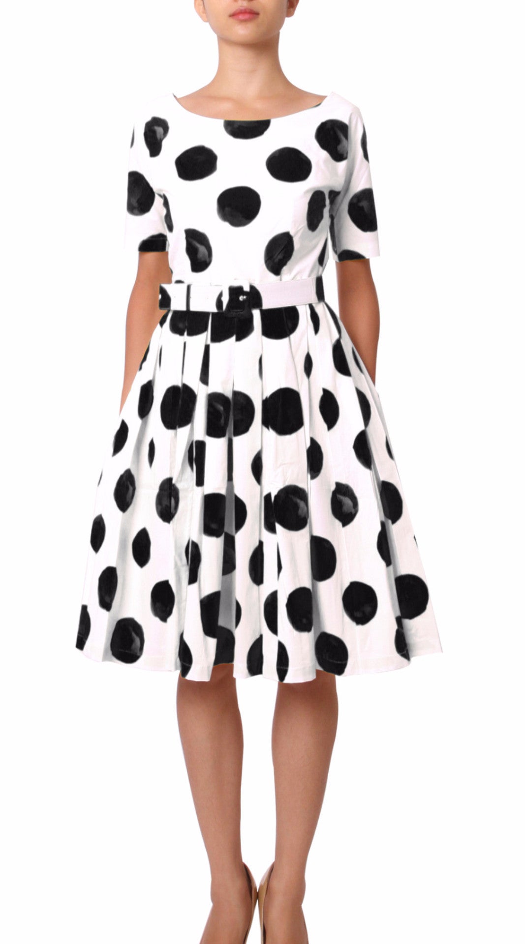 1/2 Sleeve  | Tuscani Dots | White Black | Front | Dress By Samantha Sung
