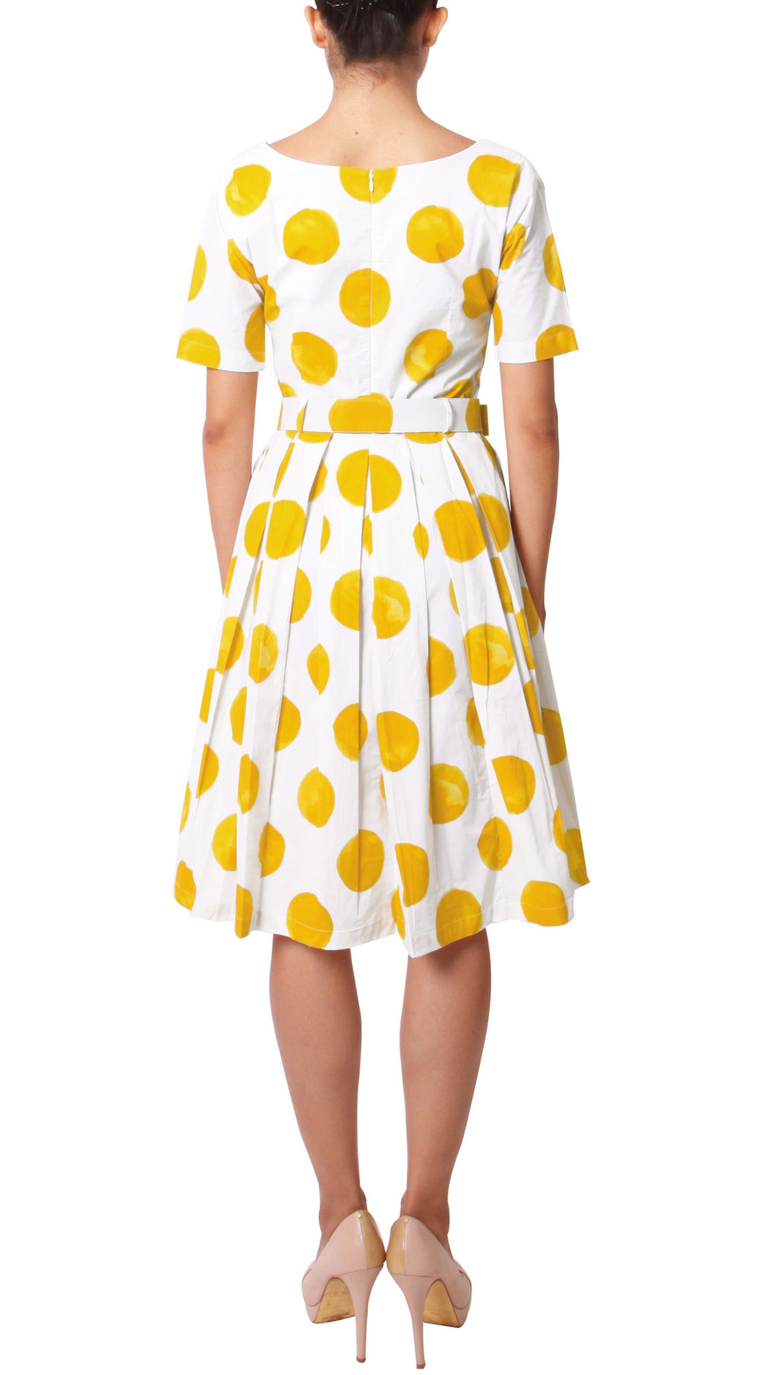 1/2 Sleeve  | Tuscani Dots | White Chrome Yellow | Back | Dress By Samantha Sung