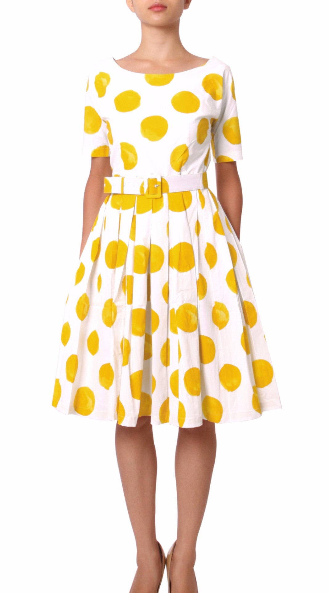 1/2 Sleeve  | Tuscani Dots | White Chrome Yellow | Front | Dress By Samantha Sung