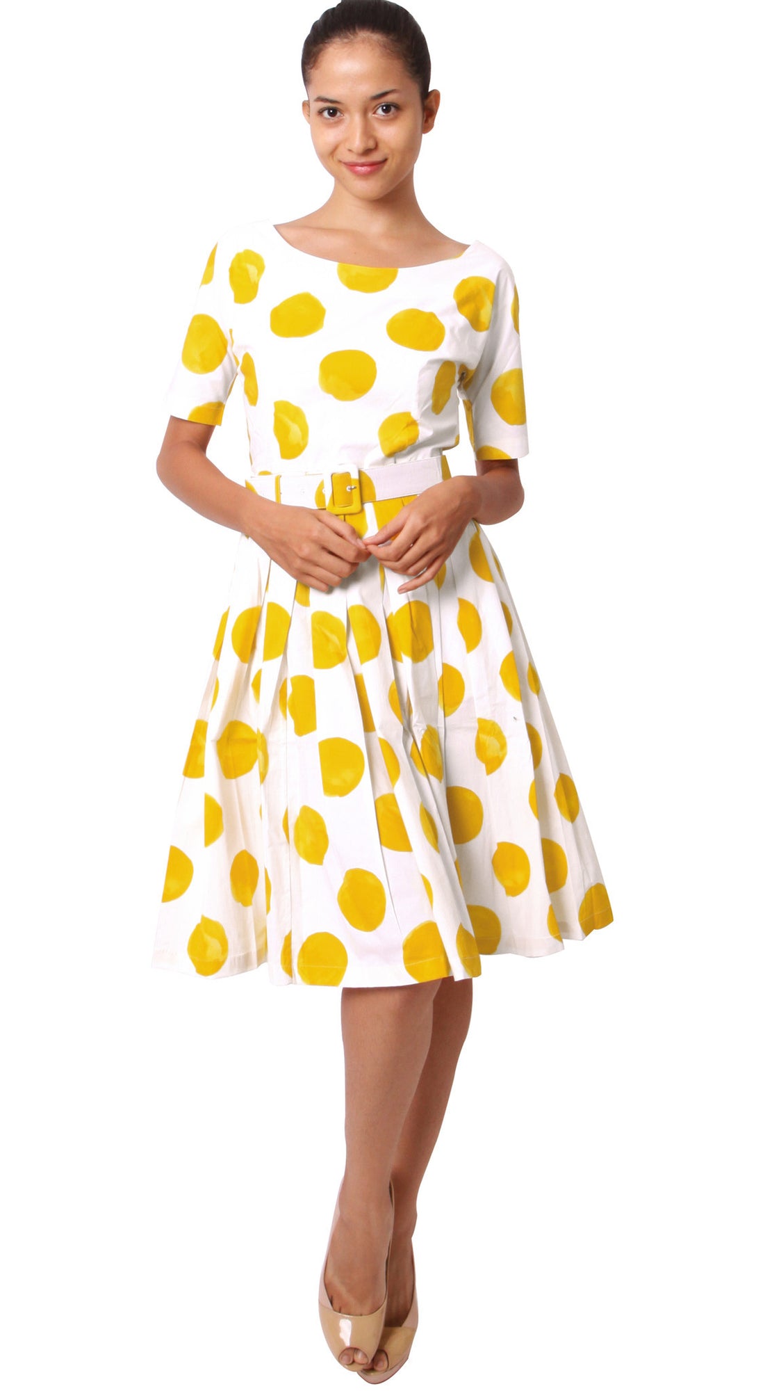 1/2 Sleeve  | Tuscani Dots | White Chrome Yellow | Front-1 | Dress By Samantha Sung