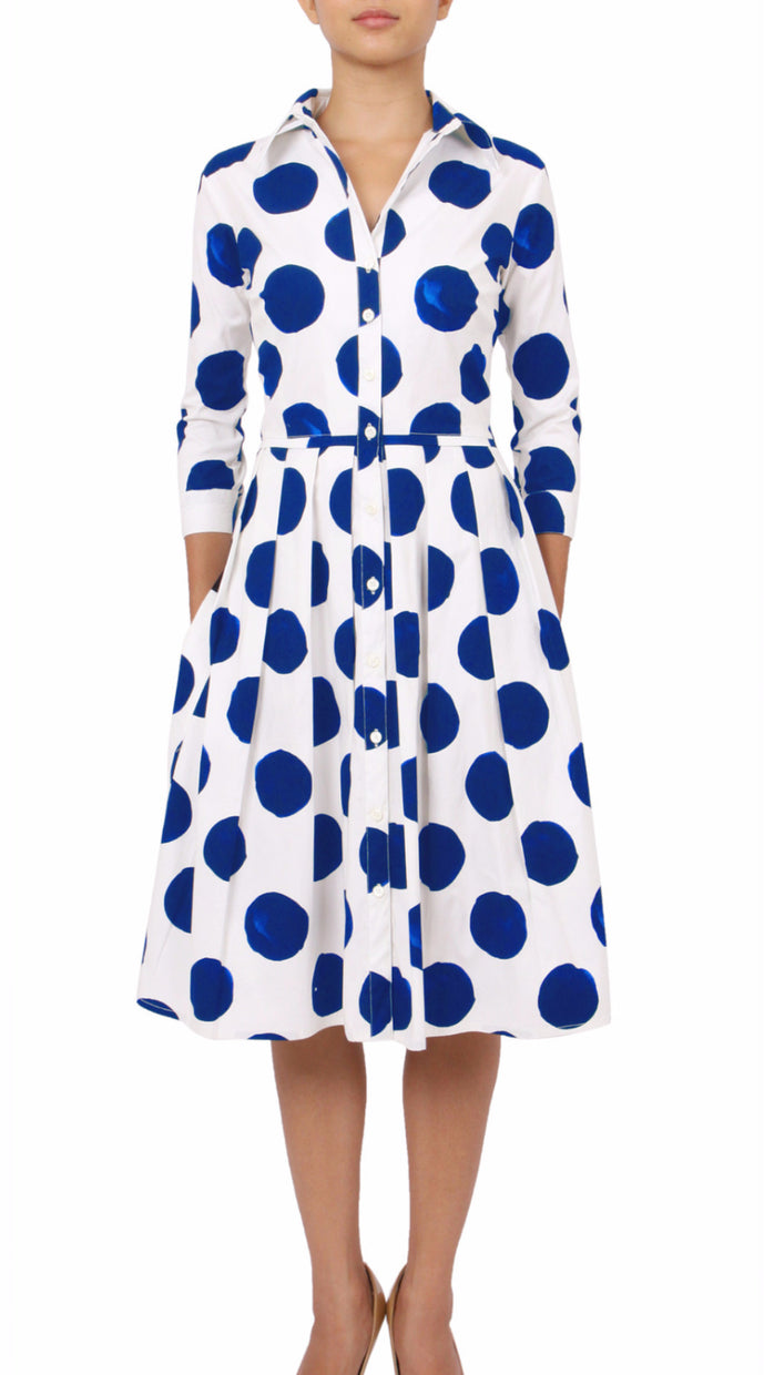3/4 Sleeve | Tuscani Dots | White Cobalt Blue | Front | Shirt Dress By Samantha Sung