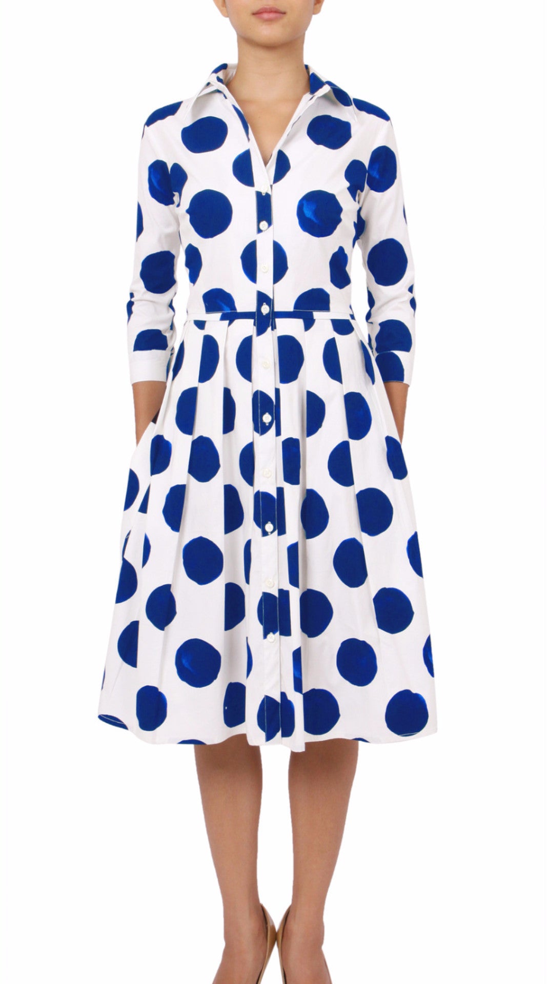 3/4 Sleeve | Tuscani Dots | White Cobalt Blue | Front | Shirt Dress By Samantha Sung