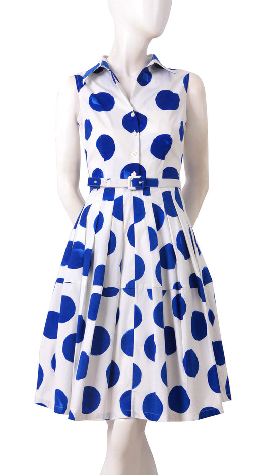 Sleeveless | Tuscani Dots | White Cobalt Blue | Front | Shirt Dress By Samantha Sung