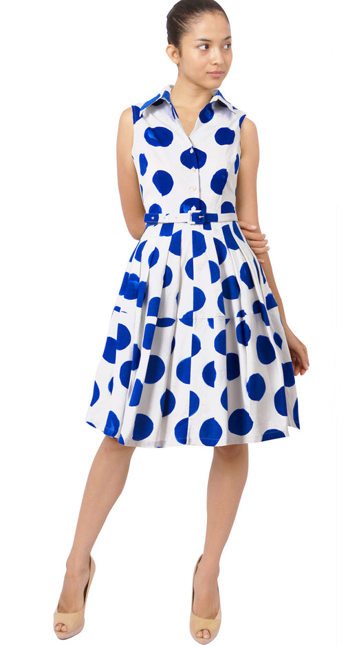 Sleeveless | Tuscani Dots | White Cobalt Blue | Front | Shirt Dress By Samantha Sung