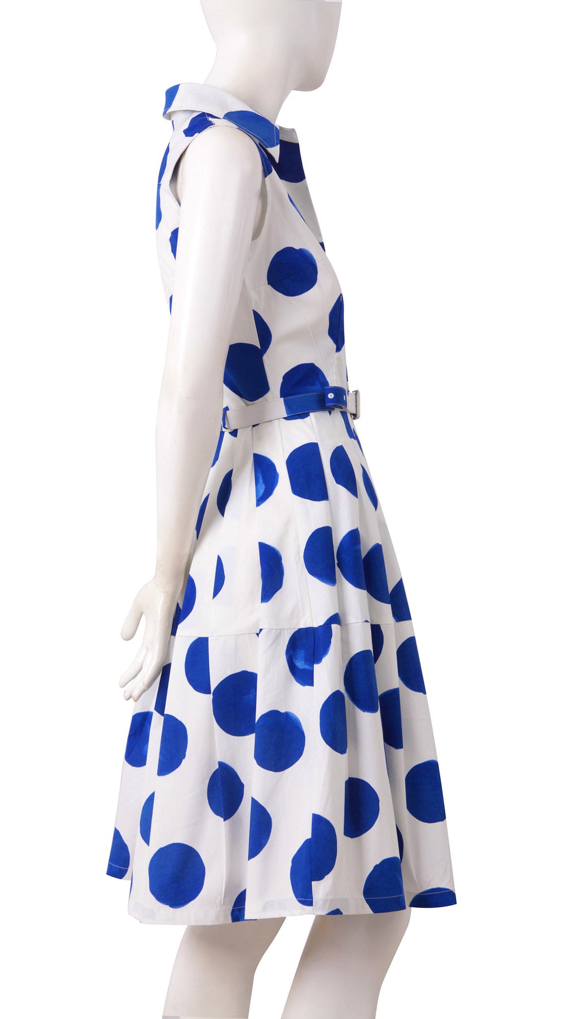 Sleeveless | Tuscani Dots | White Cobalt Blue | Right | Shirt Dress By Samantha Sung