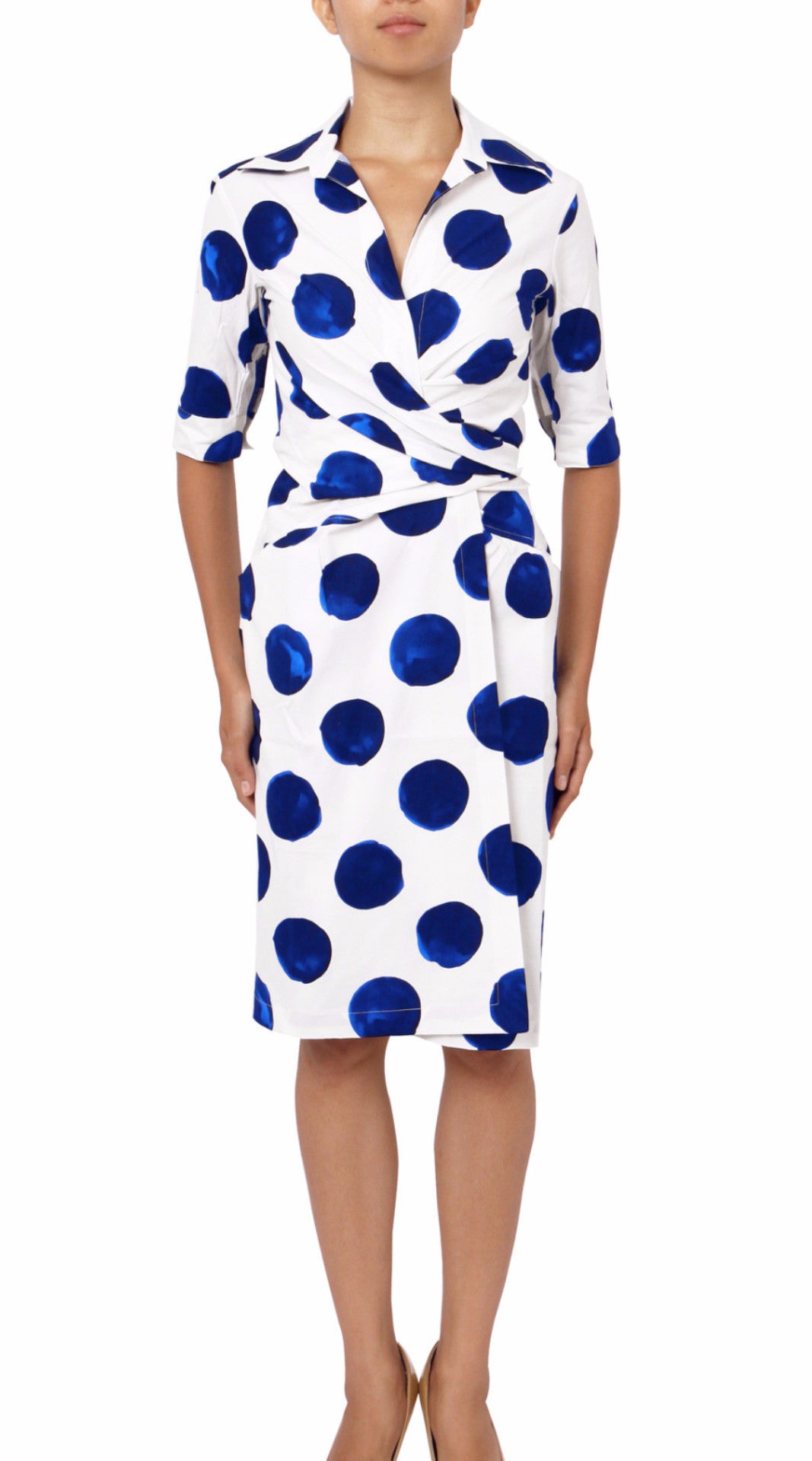 3/4 Sleeve | Tuscani Dots | White Cobalt Blue | Front | Dress By Samantha Sung