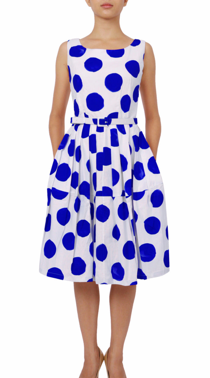 Sleeveless | Tuscani Dots | White Cobalt Blue | Front | Dress By Samantha Sung