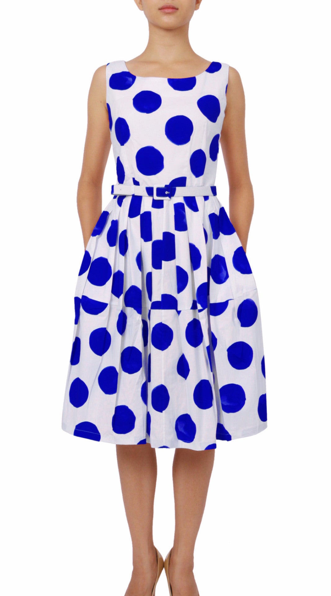 Sleeveless | Tuscani Dots | White Cobalt Blue | Front | Dress By Samantha Sung