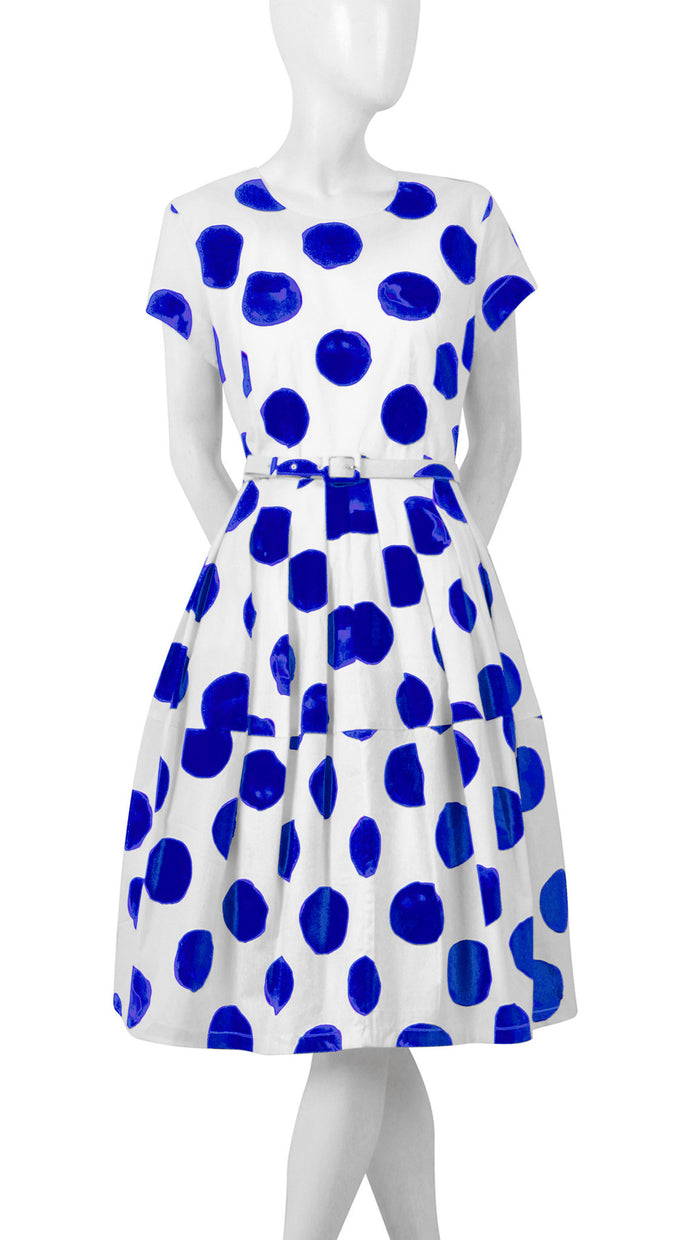 Short Sleeve | Tuscani Dots | White Cobalt Blue | Front | Dress By Samantha Sung