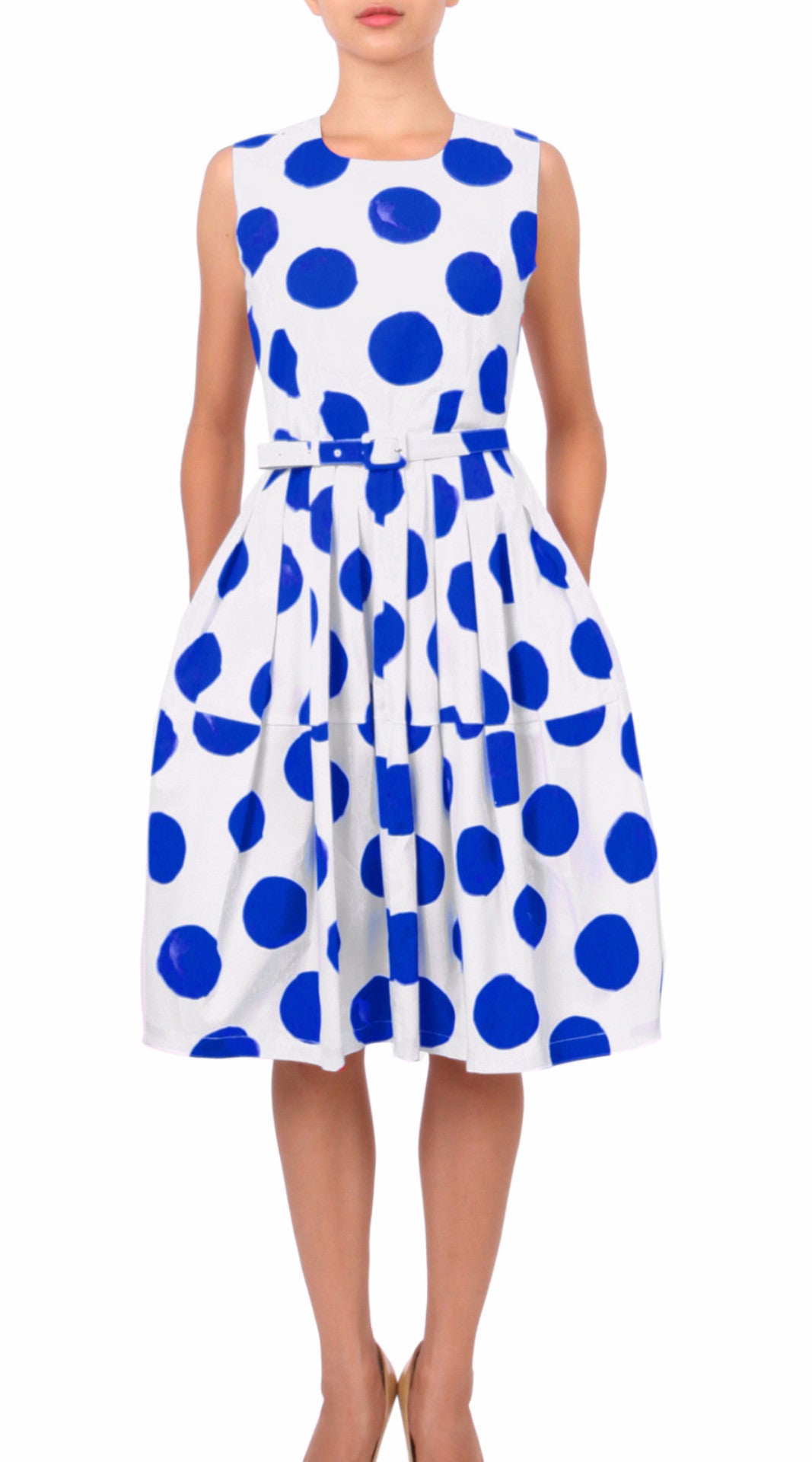 Sleeveless | Tuscani Dots | White Cobalt Blue | Front | Dress By Samantha Sung