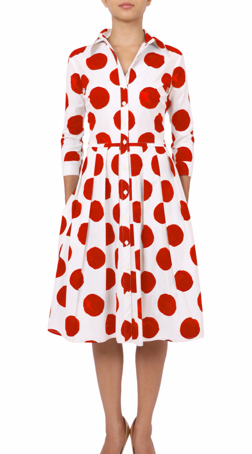 3/4 Sleeve | Tuscani Dots | White Indian Red | Front | Shirt Dress By Samantha Sung