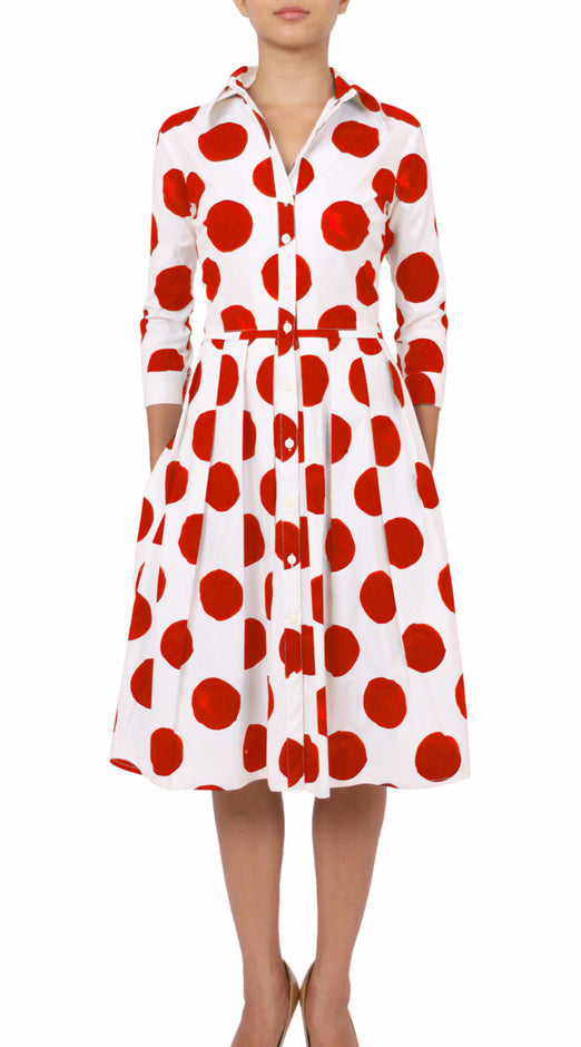 3/4 Sleeve | Tuscani Dots | White Indigo | Front-1 | Shirt Dress By Samantha Sung
