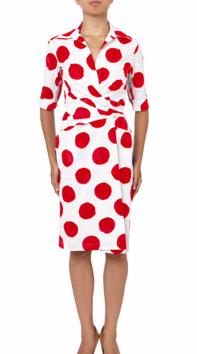 3/4 Sleeve | Tuscani Dots | White Indian Red | Front | Dress By Samantha Sung