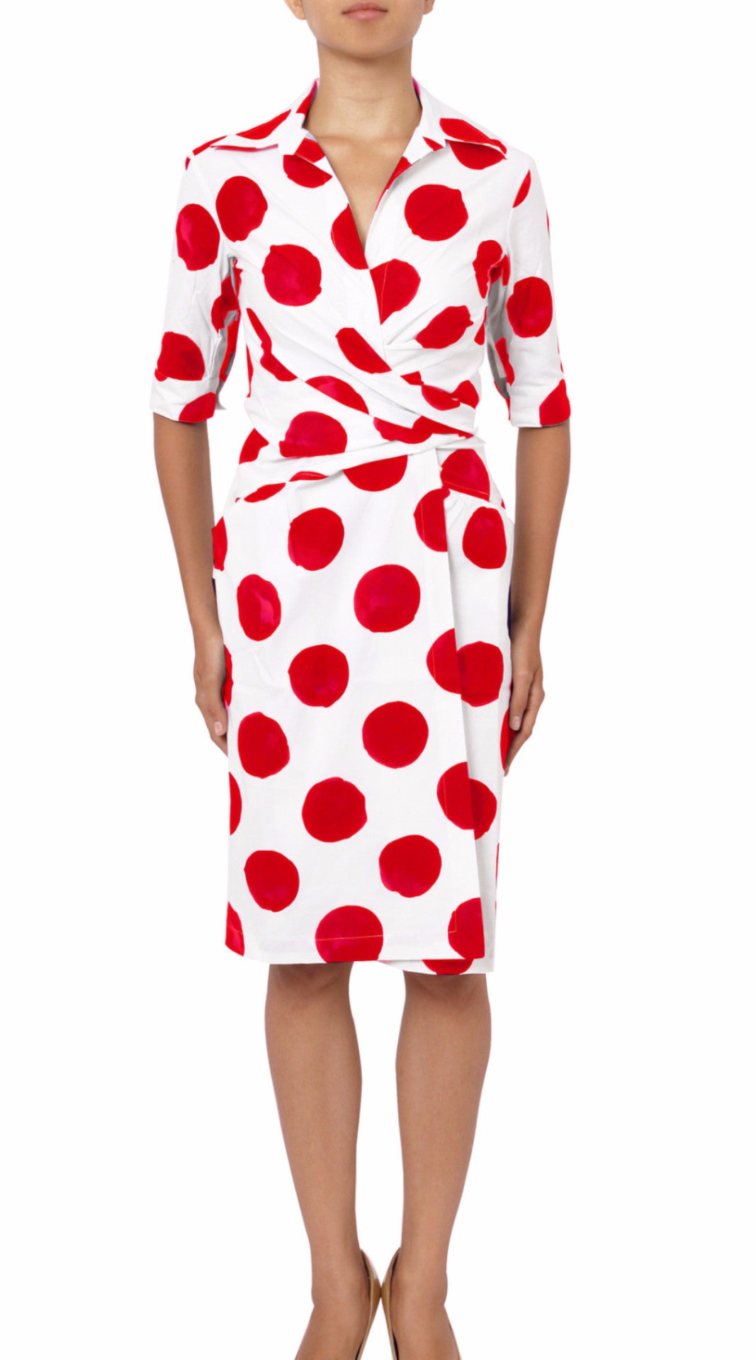 3/4 Sleeve | Tuscani Dots | White Indian Red | Front | Dress By Samantha Sung