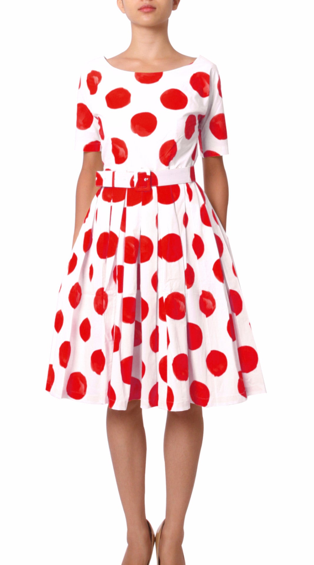 1/2 Sleeve  | Tuscani Dots | White Indian Red | Front | Dress By Samantha Sung