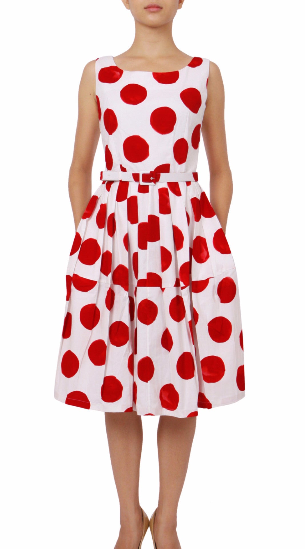 Sleeveless | Tuscani Dots | White Indian Red | Front | Dress By Samantha Sung