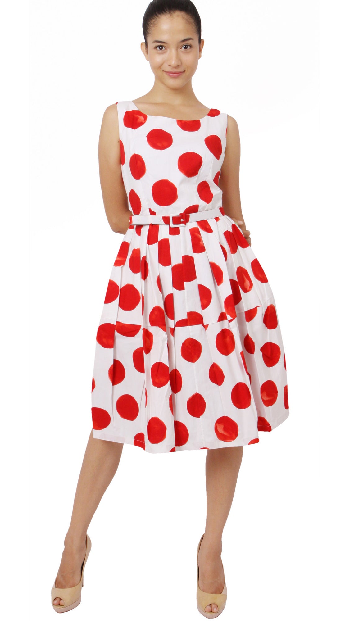 Sleeveless | Tuscani Dots | White Indian Red | Front-1 | Dress By Samantha Sung