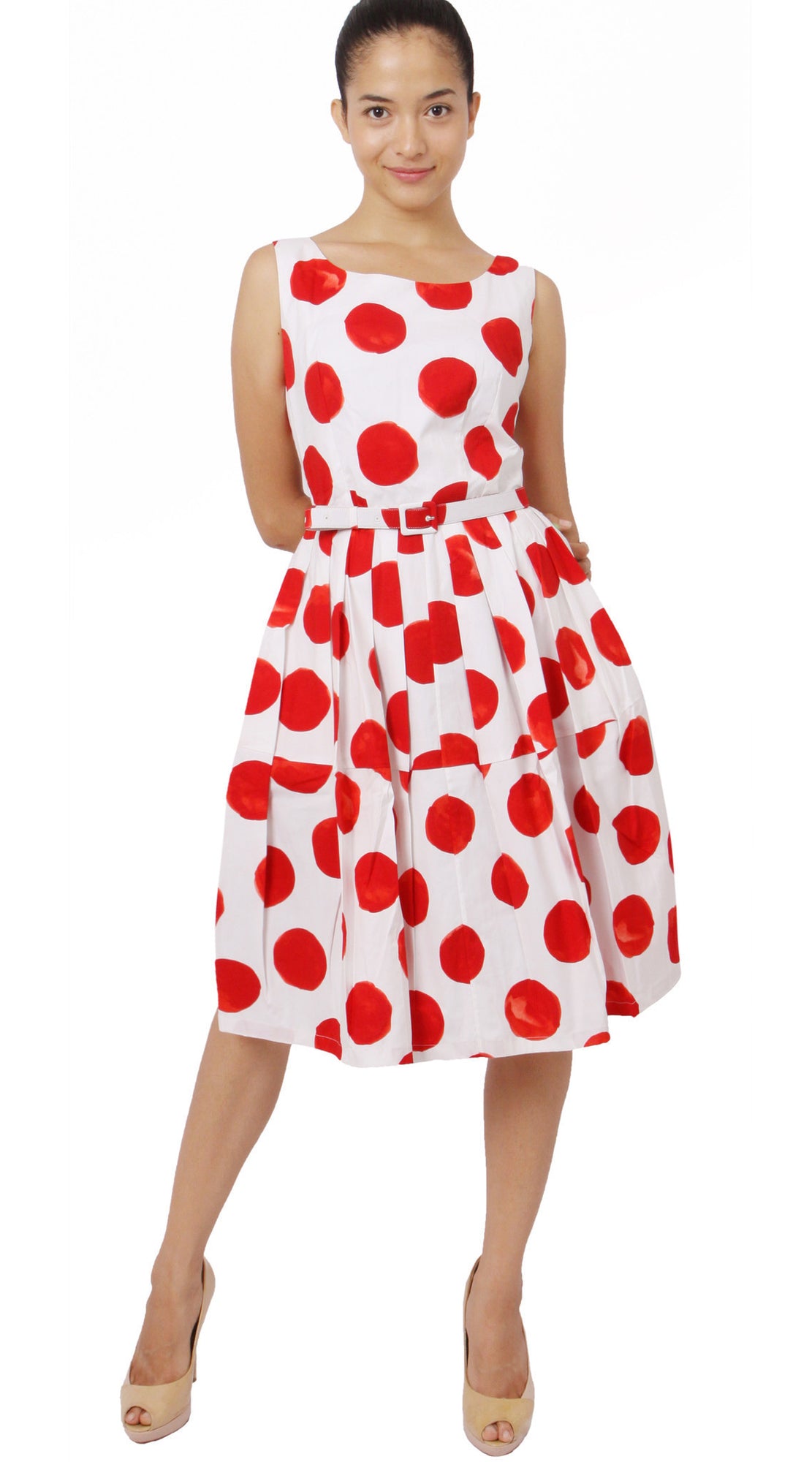 Sleeveless | Tuscani Dots | White Indian Red | Front-1 | Dress By Samantha Sung