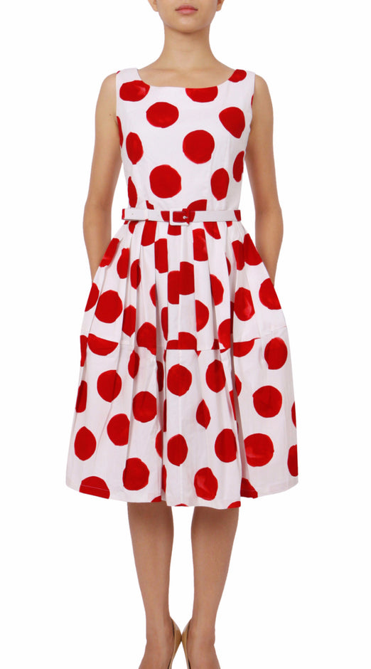Sleeveless | Tuscani Dots | White Indian Red | Front-1 | Dress By Samantha Sung