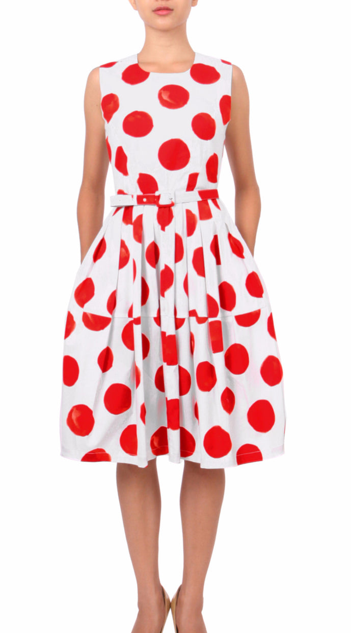 Sleeveless | Tuscani Dots | White Indian Red | Front | Dress By Samantha Sung