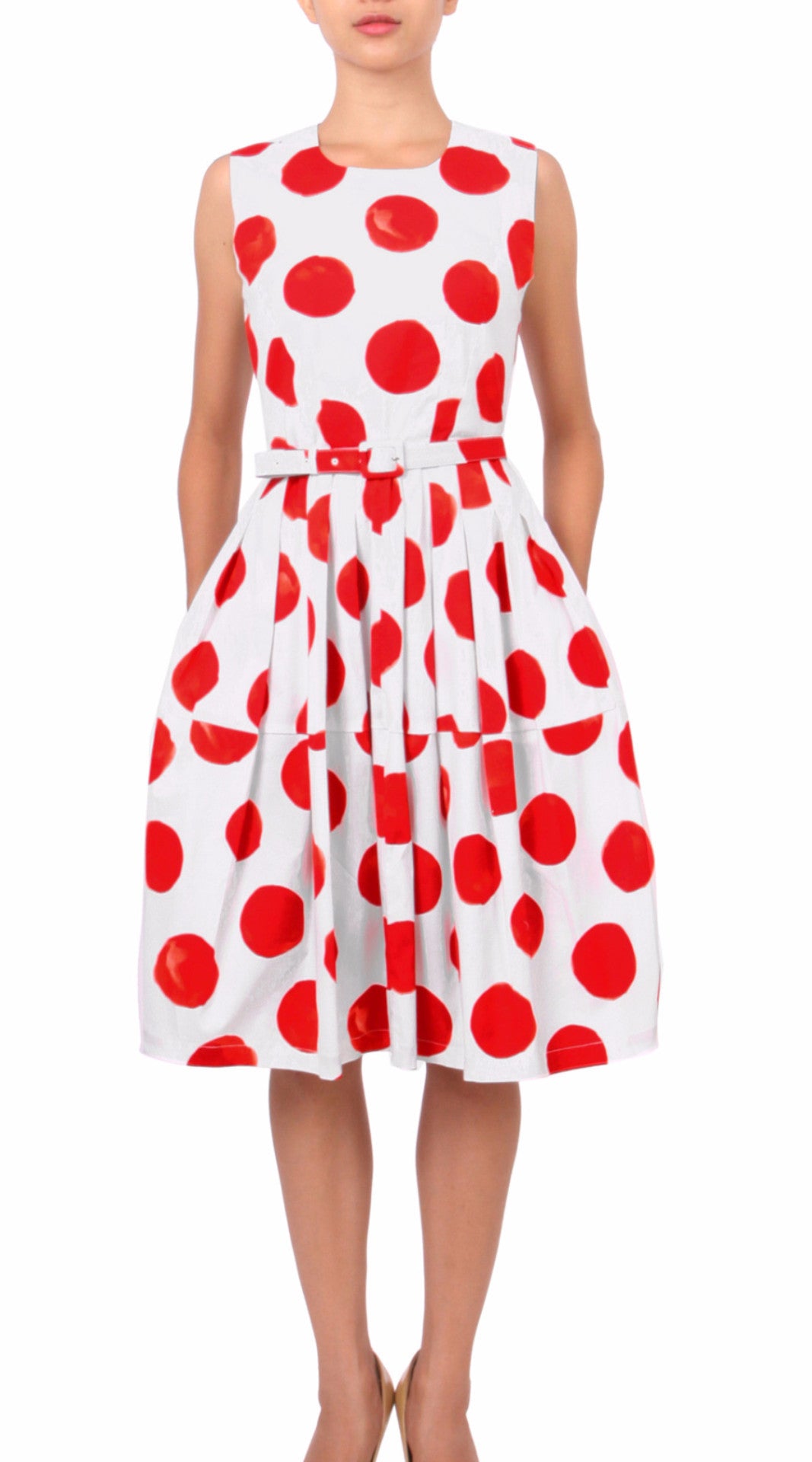 Sleeveless | Tuscani Dots | White Indian Red | Front | Dress By Samantha Sung