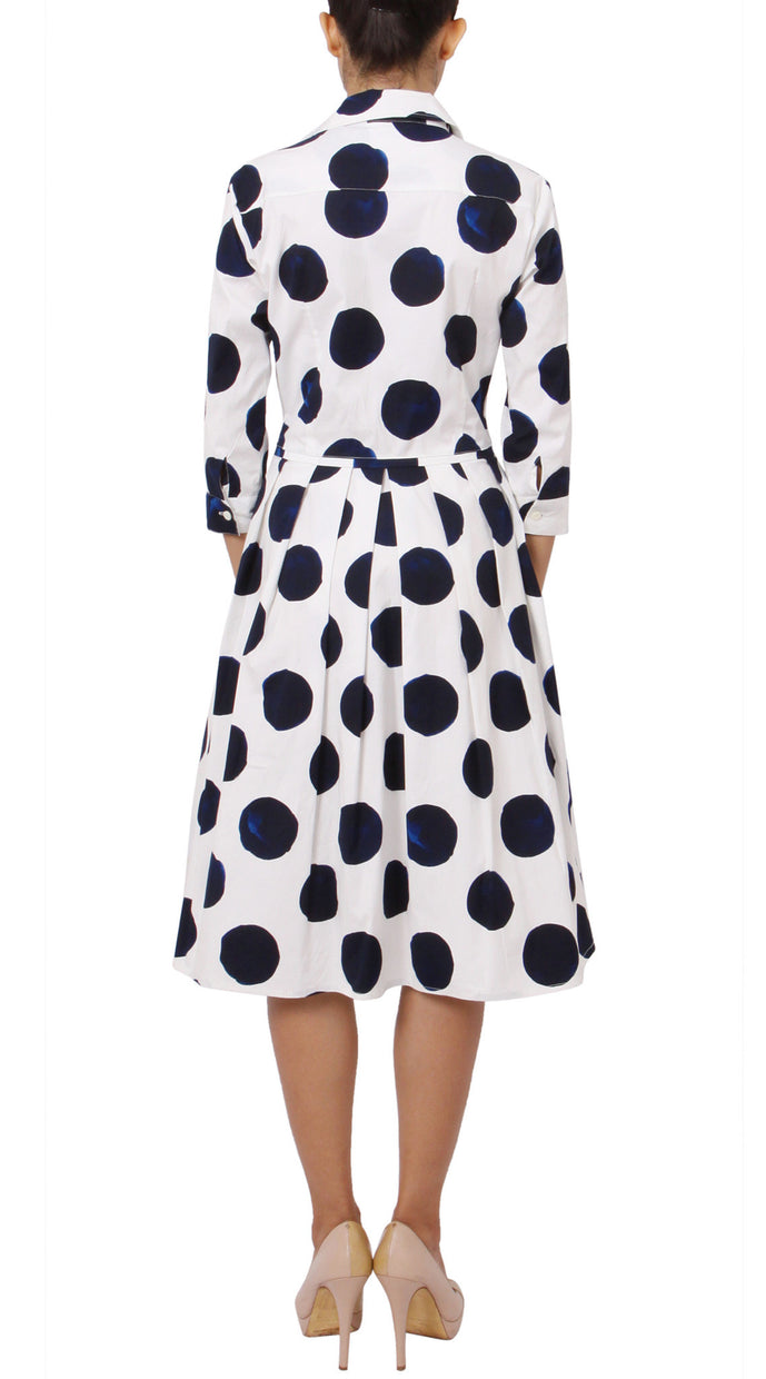 3/4 Sleeve | Tuscani Dots | White Indigo | Back | Shirt Dress By Samantha Sung