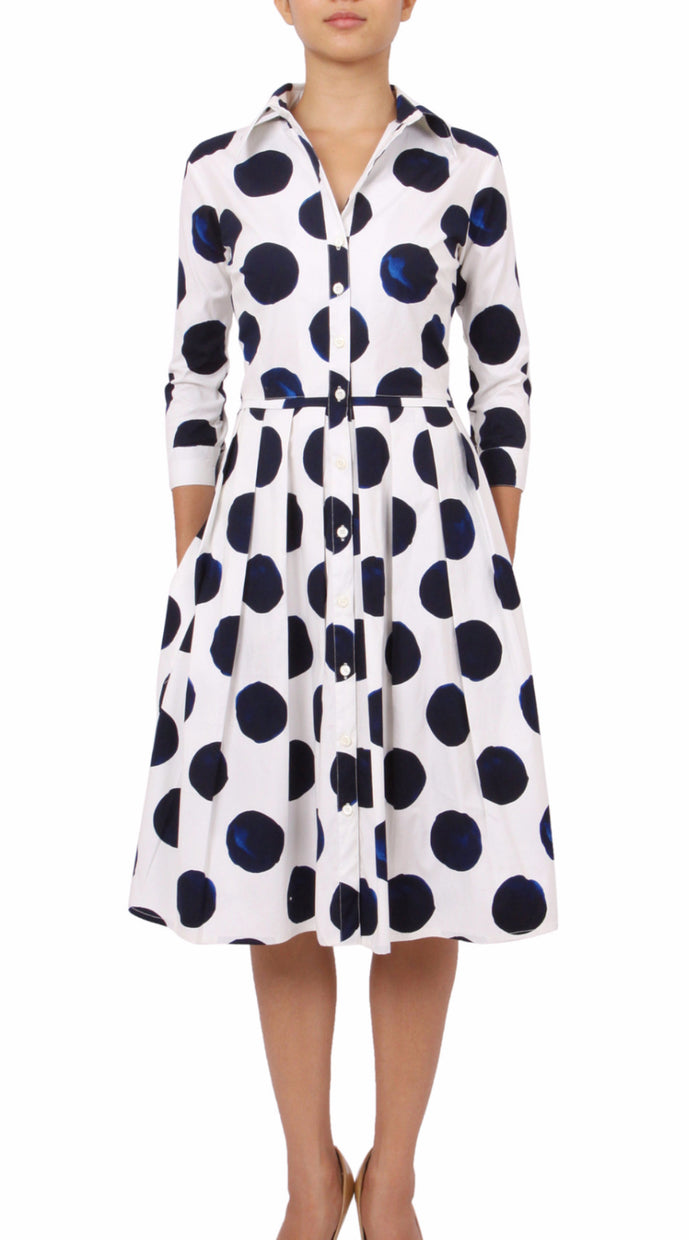 3/4 Sleeve | Tuscani Dots | White Indigo | Front | Shirt Dress By Samantha Sung