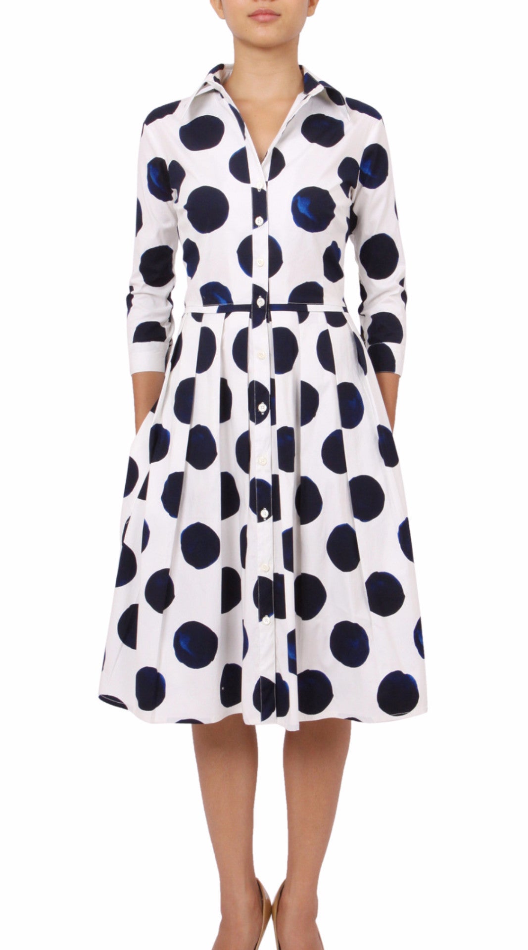3/4 Sleeve | Tuscani Dots | White Indigo | Front | Shirt Dress By Samantha Sung