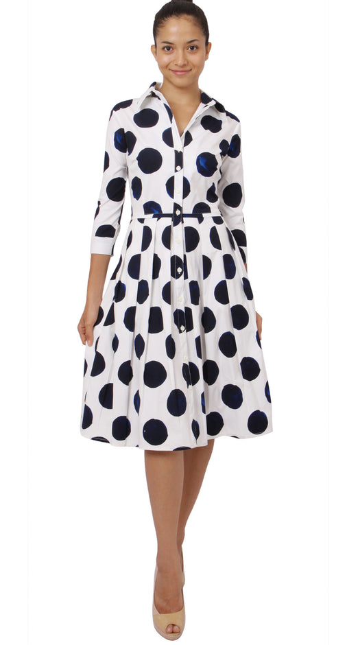 3/4 Sleeve | Tuscani Dots | White Indigo | Front-1 | Shirt Dress By Samantha Sung