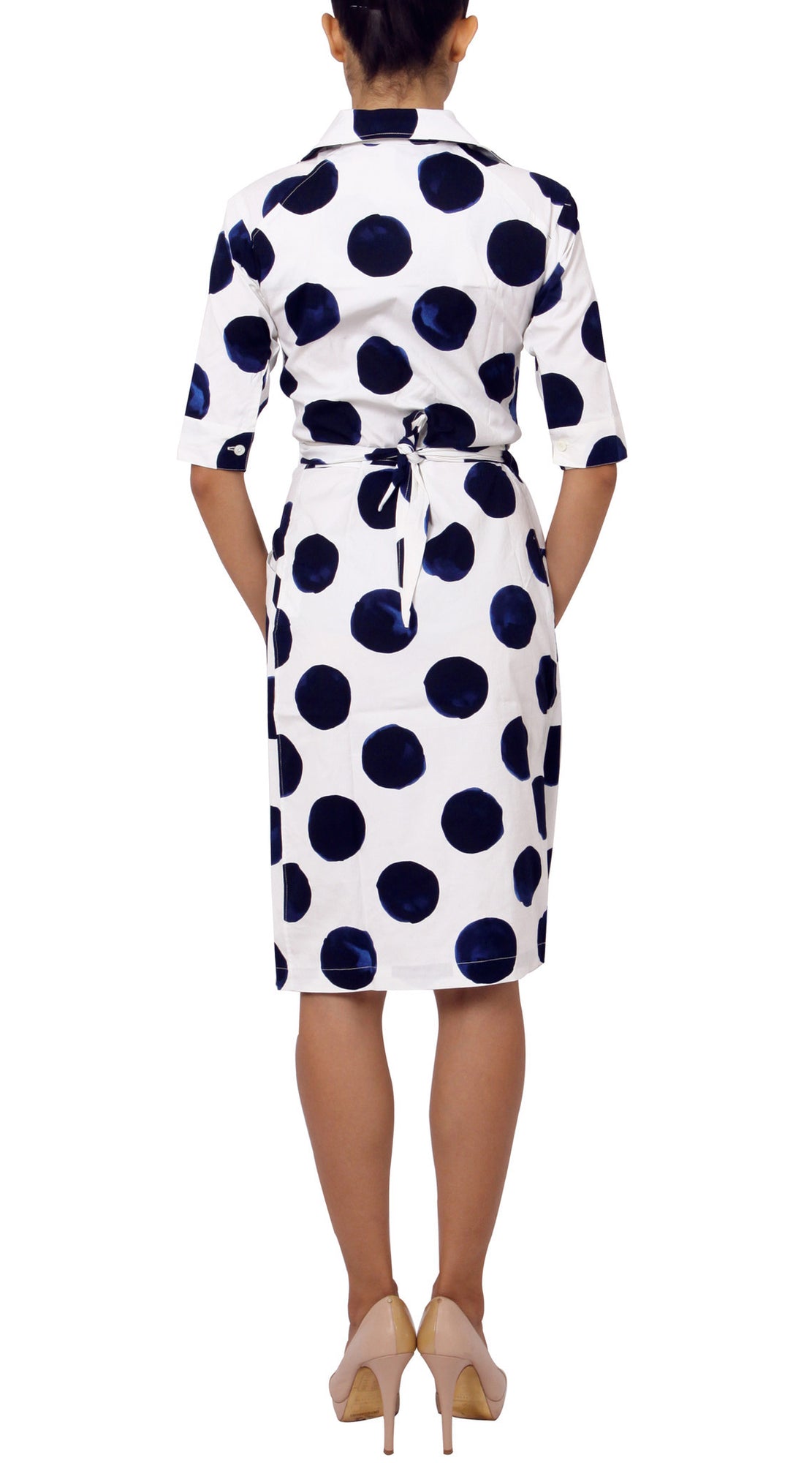 3/4 Sleeve | Tuscani Dots | White Indigo | Back | Dress By Samantha Sung