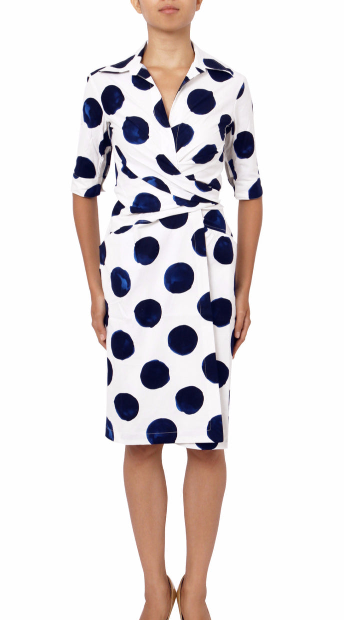 3/4 Sleeve | Tuscani Dots | White Indigo | Front | Dress By Samantha Sung