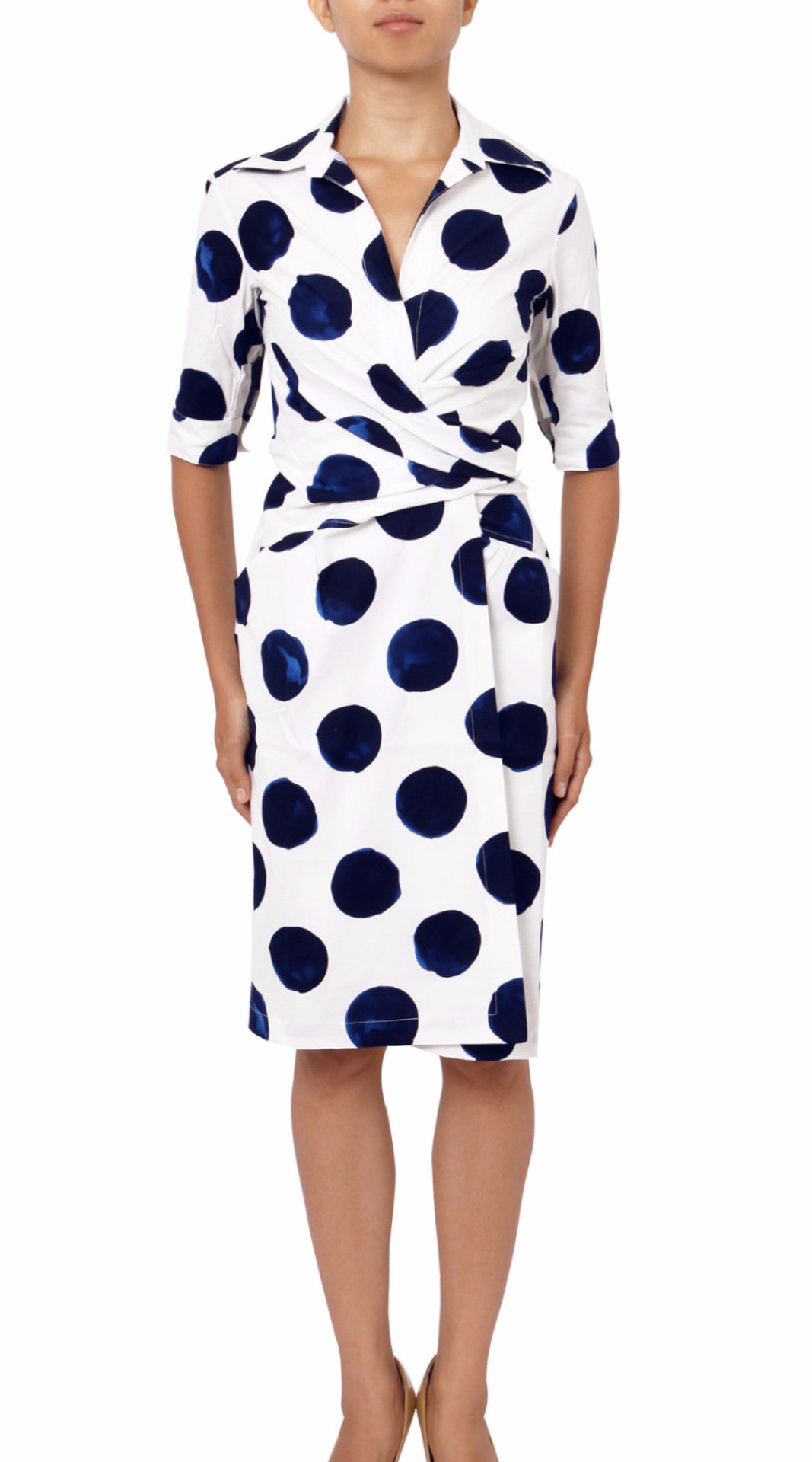3/4 Sleeve | Tuscani Dots | White Indigo | Front | Dress By Samantha Sung
