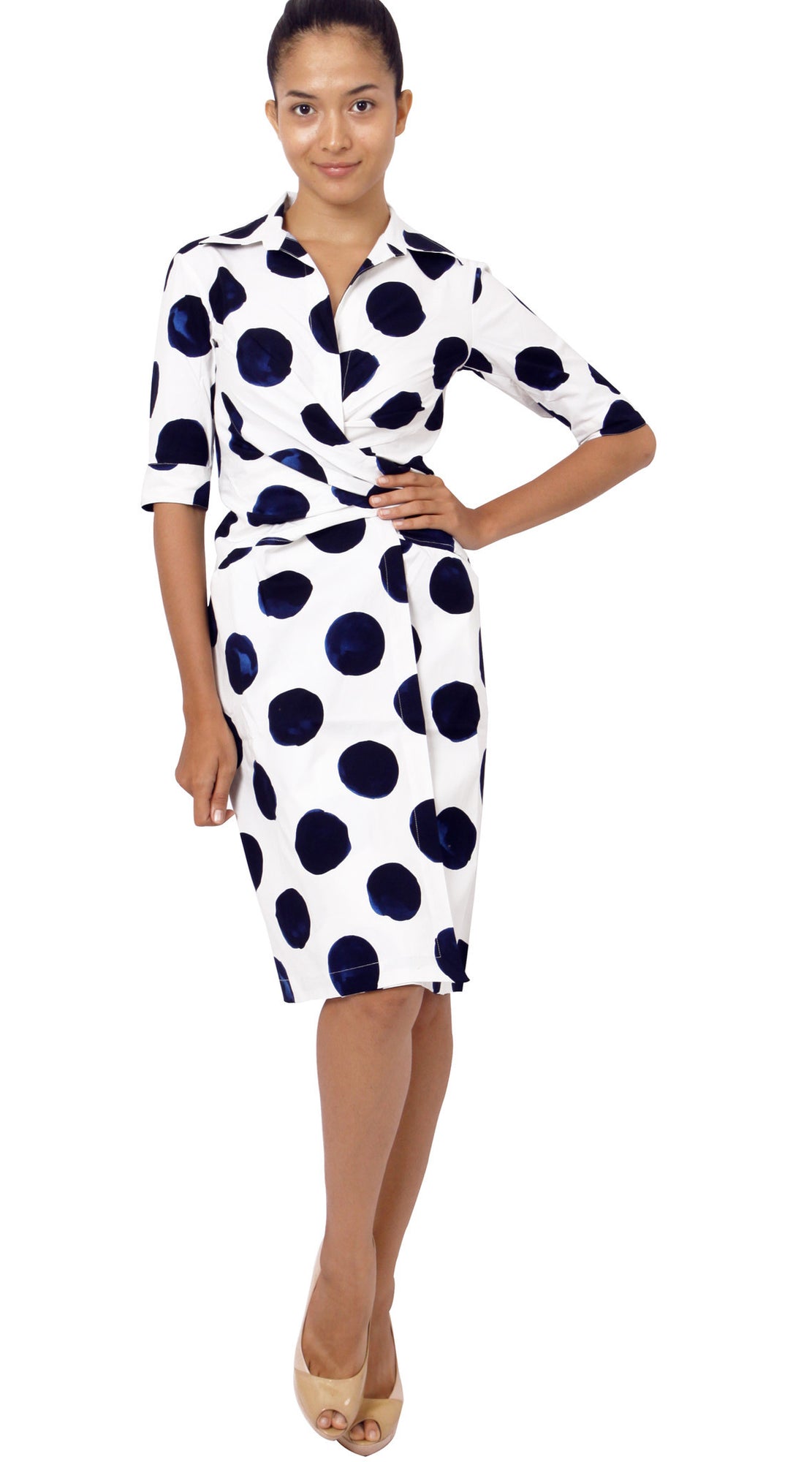 3/4 Sleeve | Tuscani Dots | White Indigo | Front-1 | Dress By Samantha Sung