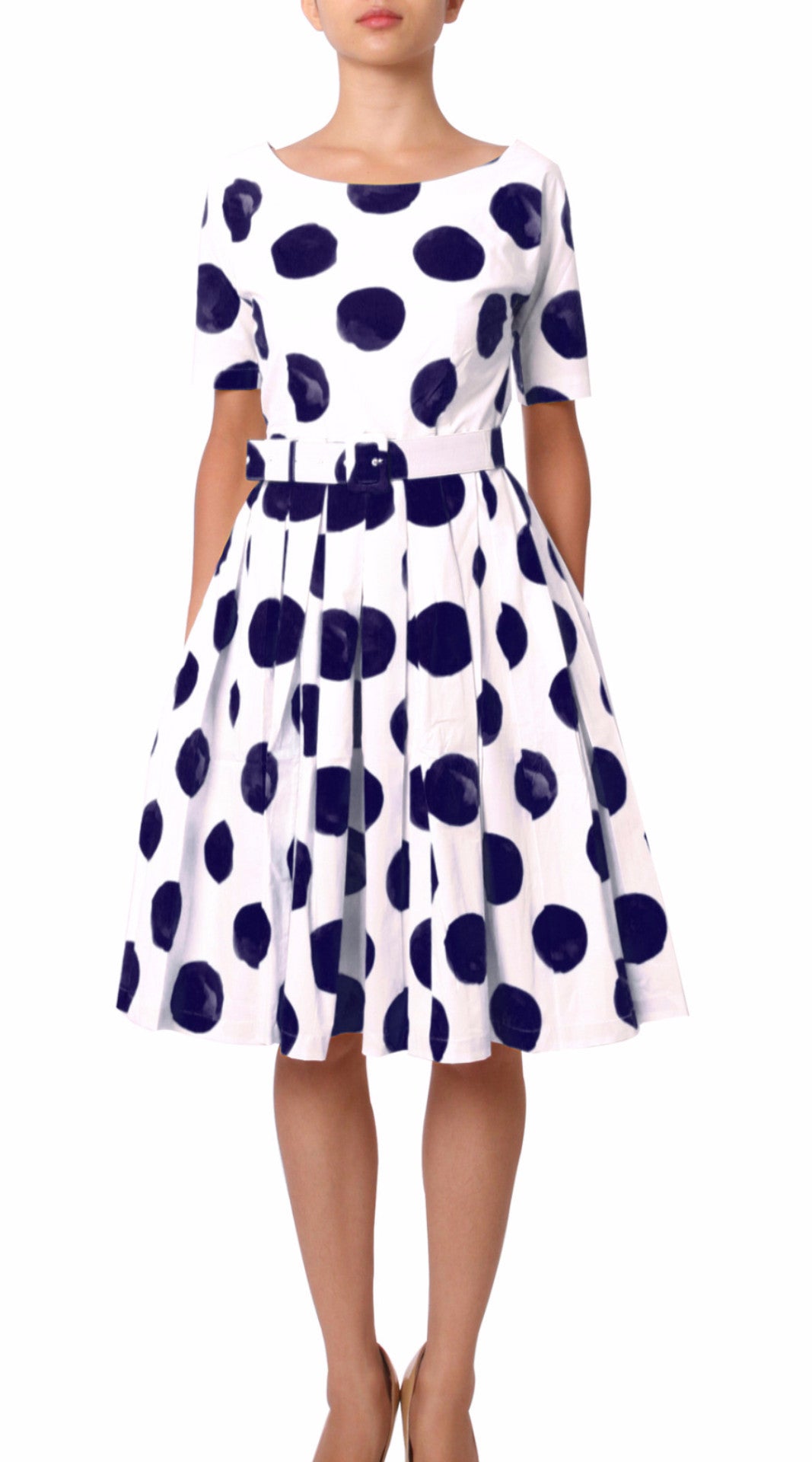 1/2 Sleeve  | Tuscani Dots | White Indigo | Front | Dress By Samantha Sung