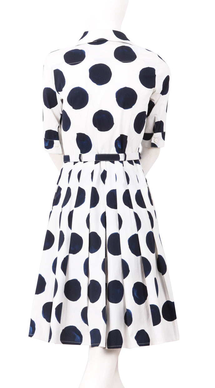 1/2 Sleeve | Tuscani Dots | White Indigo | Back| Shirt Dress By Samantha Sung