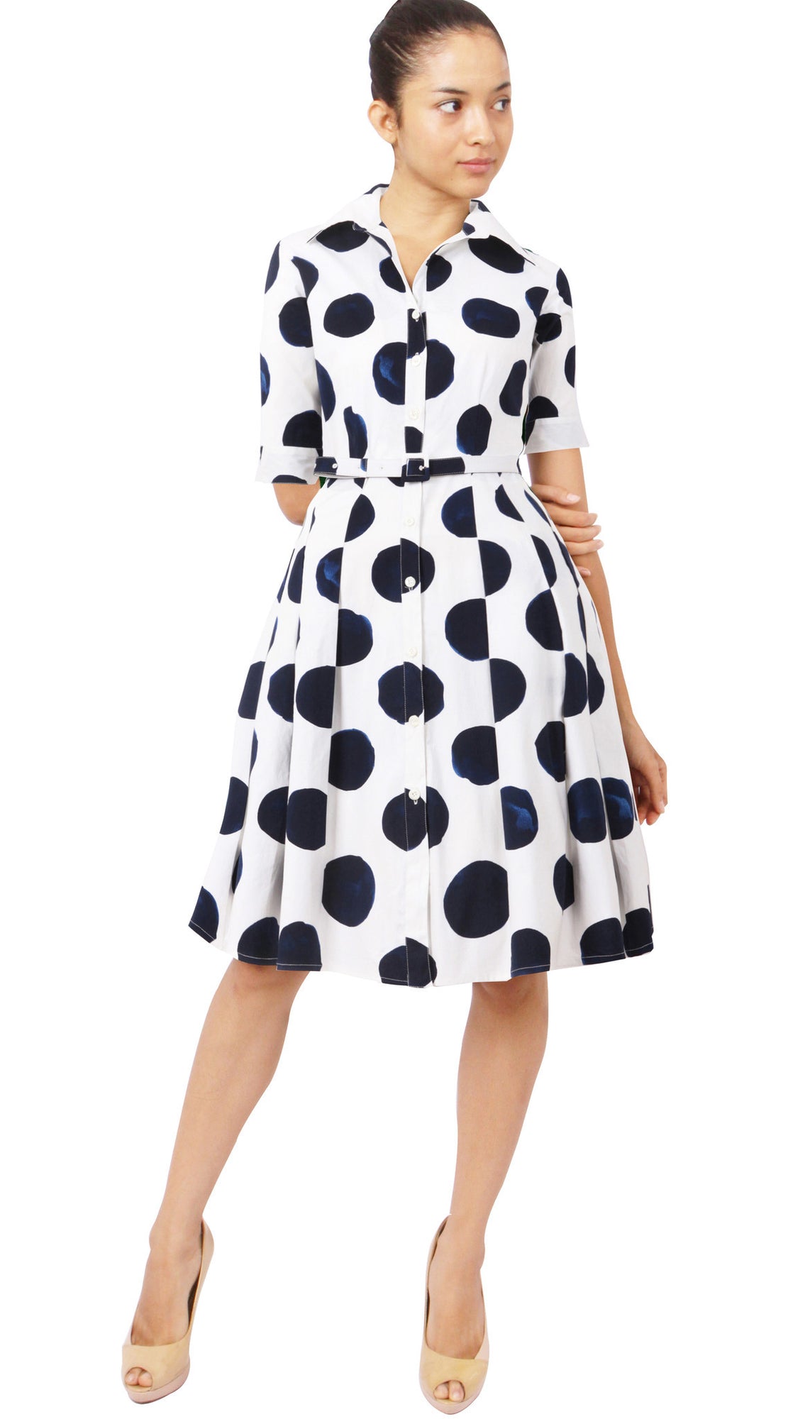 1/2 Sleeve | Tuscani Dots | White Indigo | Front | Shirt Dress By Samantha Sung