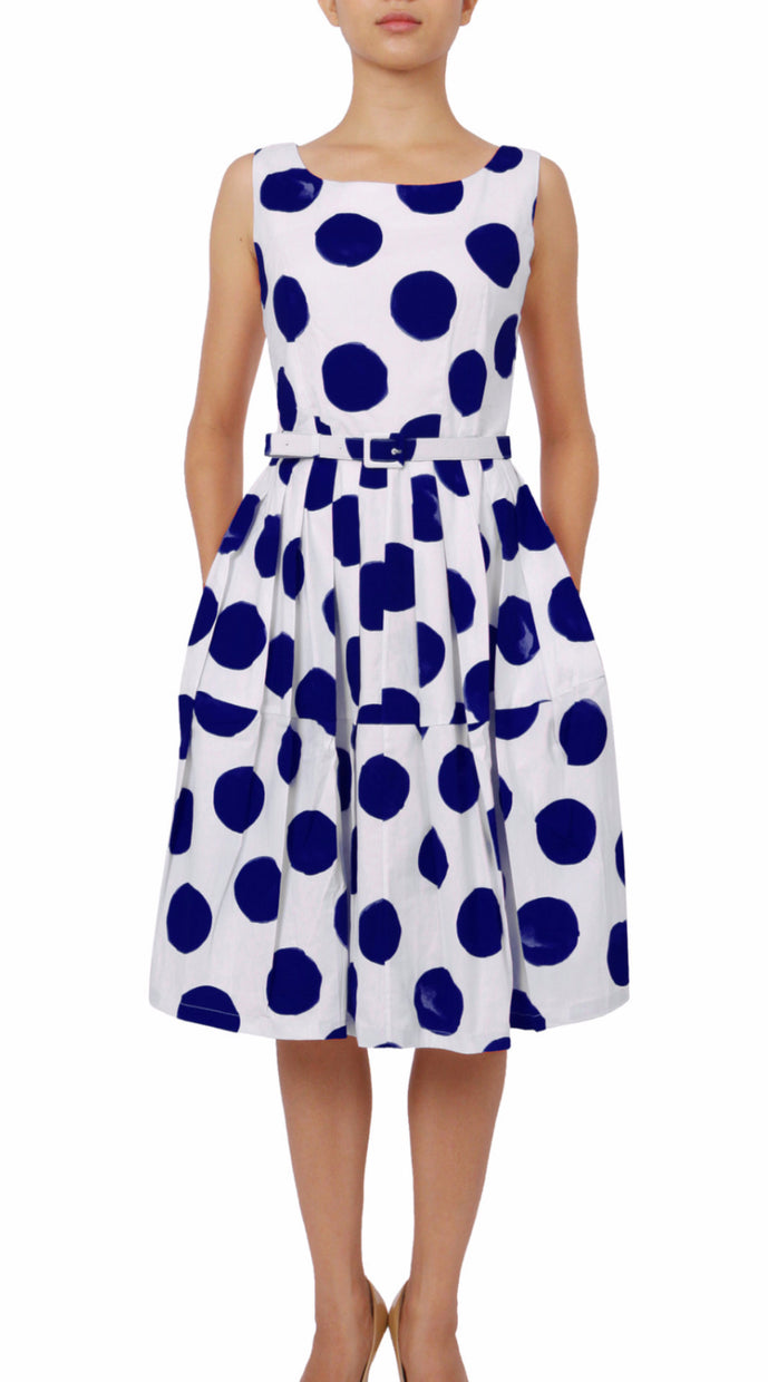 Sleeveless | Tuscani Dots | White Indigo | Front | Dress By Samantha Sung